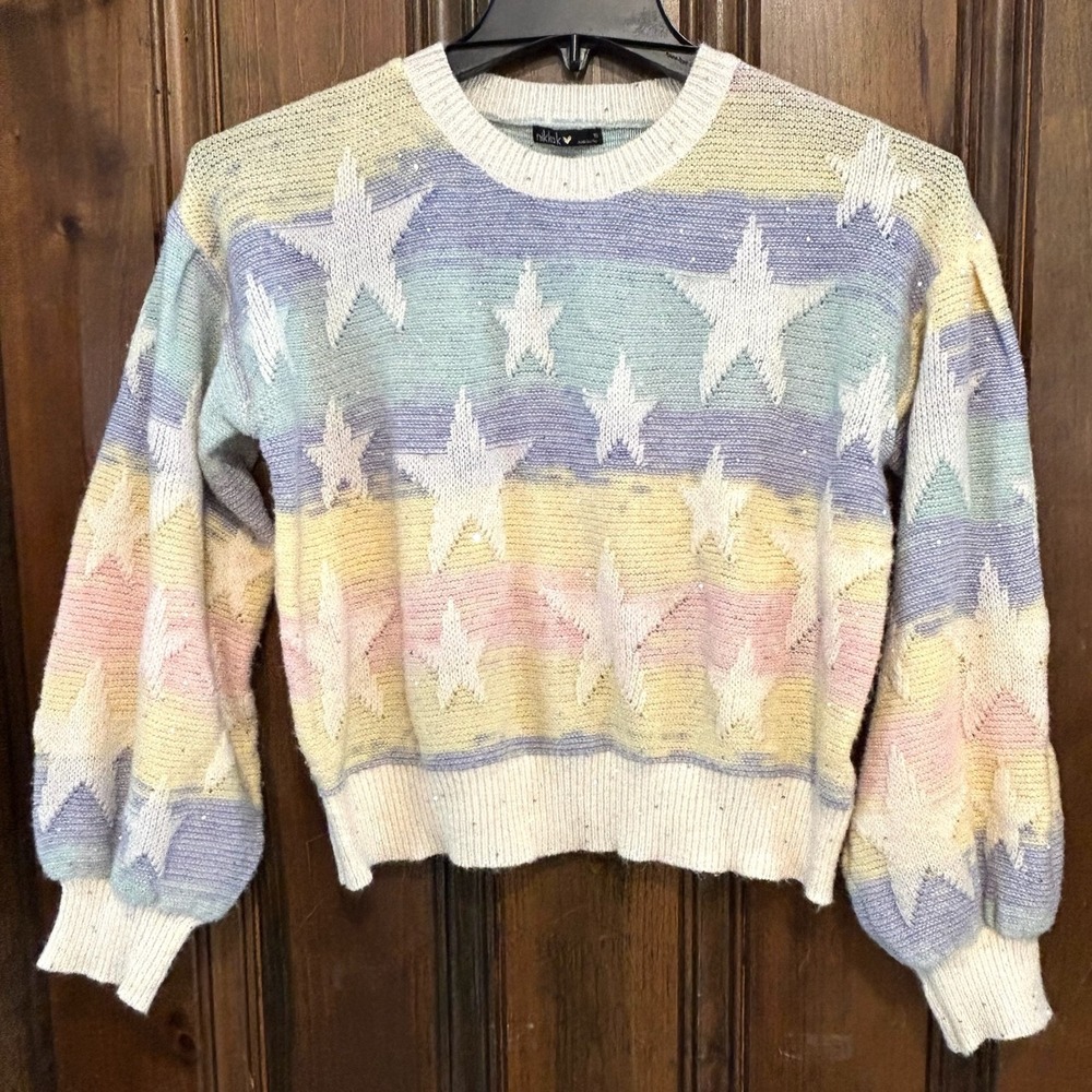 Nikka K Pastel Striped Sweater w/Star & Sequins Women's Small- Retro 80s Whimsy